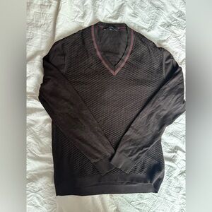Vintage Gucci Brown Textured Knit V-Neck Sweater Web Stripe Collar Wool Size XXL